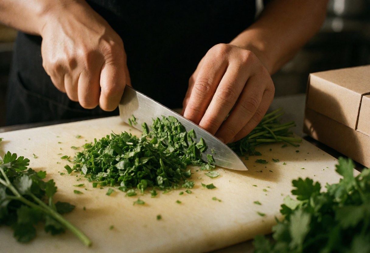 Chef in black uniform chopping fresh green herbs with a knife on a white cutting board in a professional kitchen.