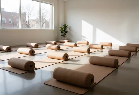 An empty yoga studio interior featuring rows of neatly arranged blankets and cushions, illuminated by natural light from windows, creating a serene and minimalist atmosphere.