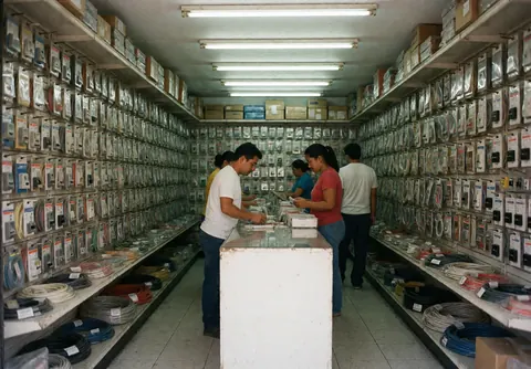 Interior view of an electrician shop featuring shelves stocked with cables, switches, and tools while customers browse at the counter.
