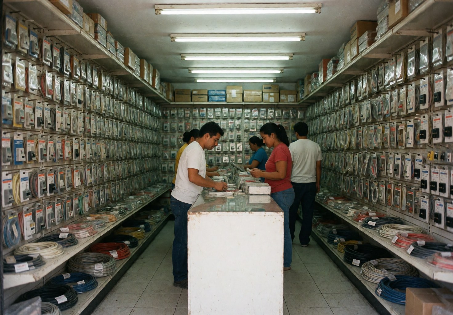 Interior view of an electrician shop featuring shelves stocked with cables, switches, and tools while customers browse at the counter.