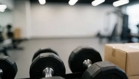 Close-up of dumbbells in a gym with a blurred background, soft lighting, and professional atmosphere suitable for text overlay