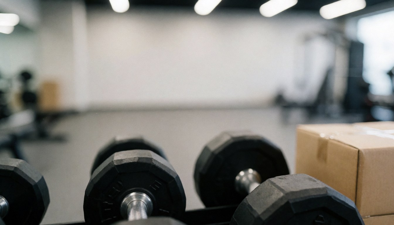 Close-up of dumbbells in a gym with a blurred background, soft lighting, and professional atmosphere suitable for text overlay