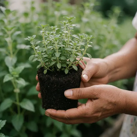 Adult hands hold a young plant with soil in its pot, in a garden with green vegetation in the background.