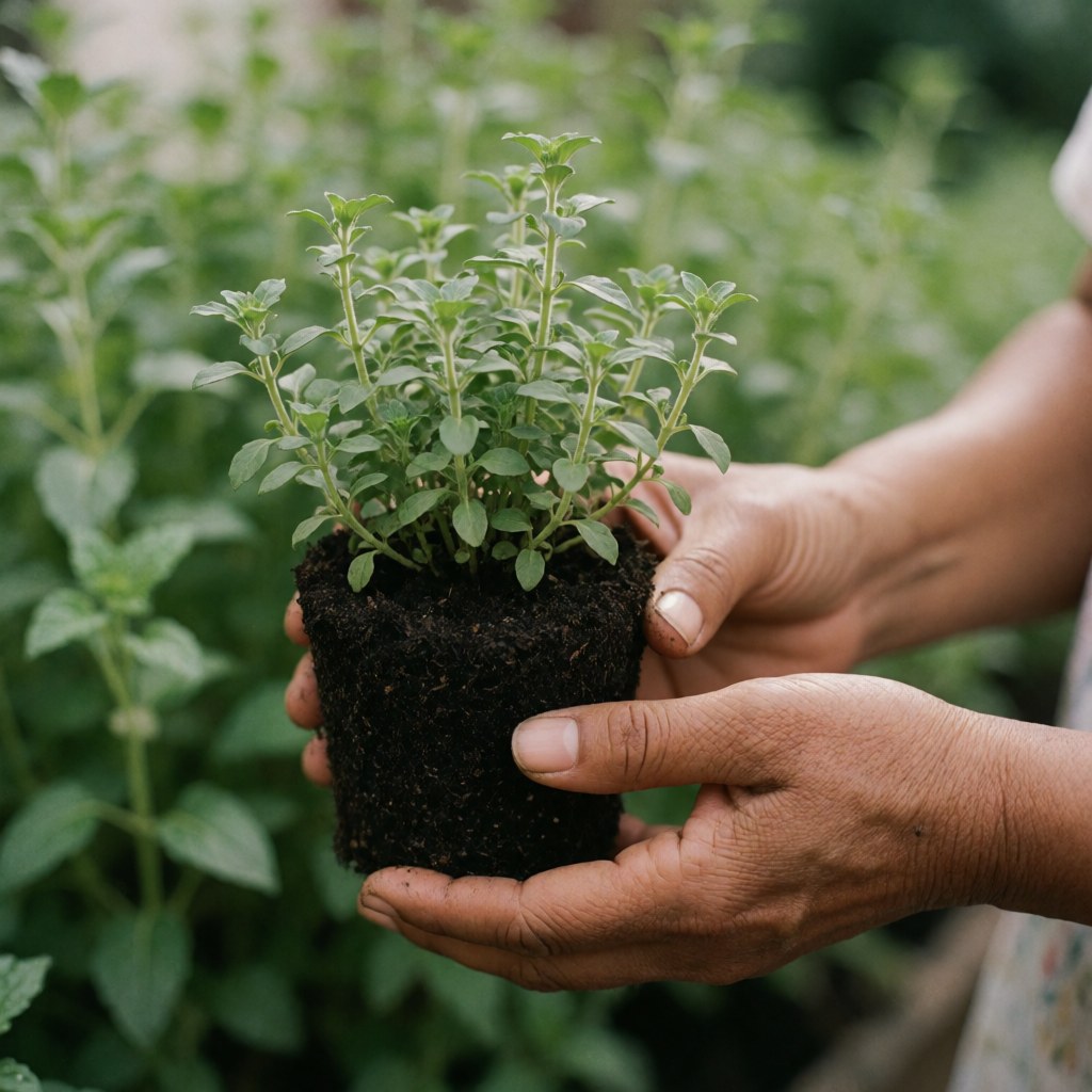 Adult hands hold a young plant with soil in its pot, in a garden with green vegetation in the background.
