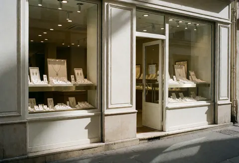 Facade of a jewelry store with illuminated display windows showcasing necklaces and rings in white display cases.