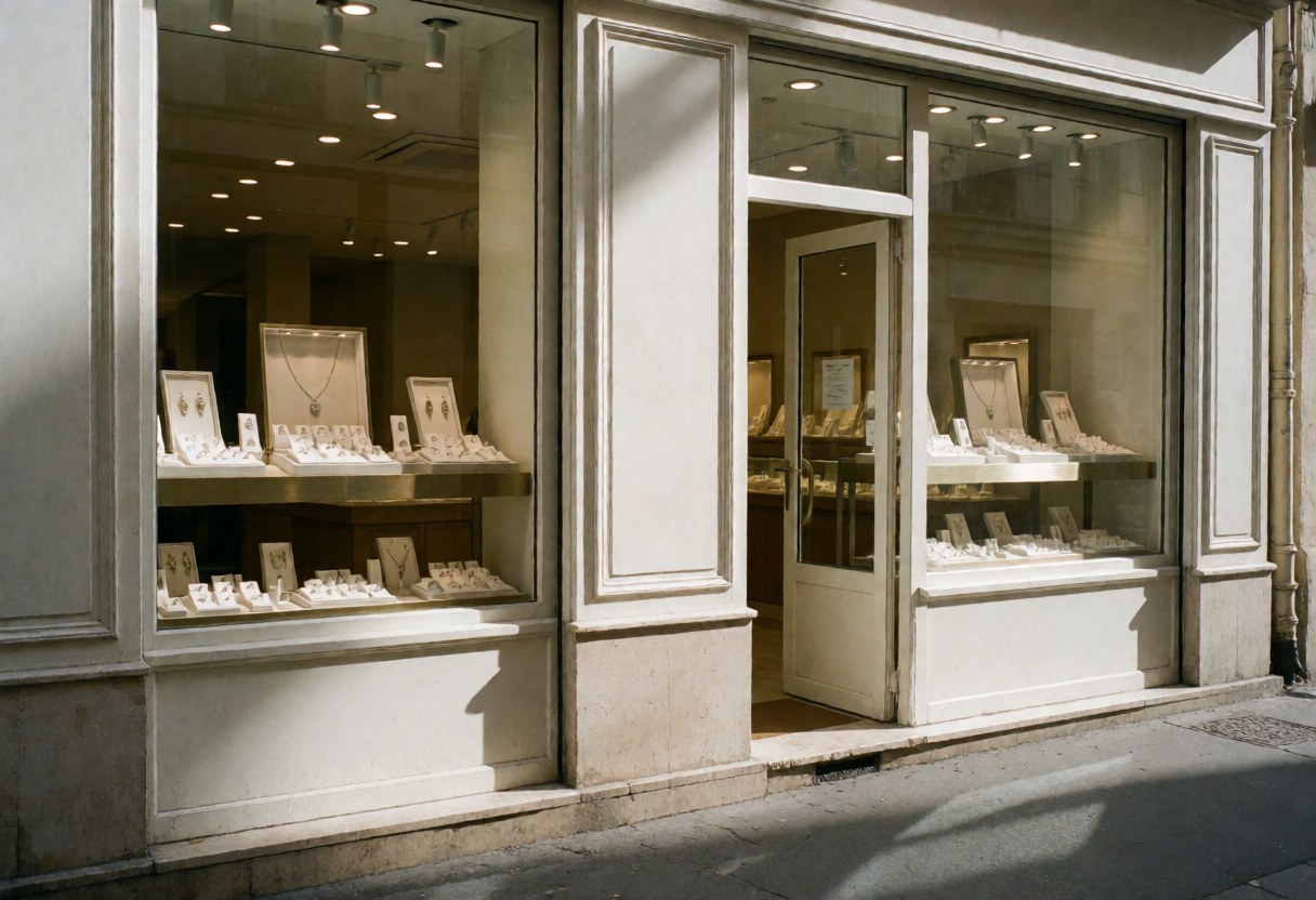 Facade of a jewelry store with illuminated display windows showcasing necklaces and rings in white display cases.