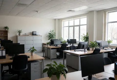 Modern empty office with desks, computers, and plants, ideal for tech or service companies.