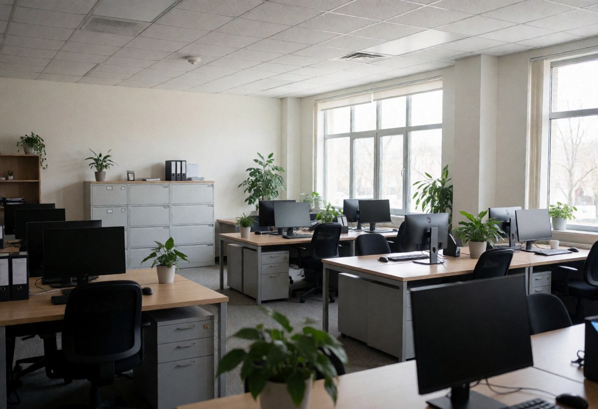 Modern empty office with desks, computers, and plants, ideal for tech or service companies.