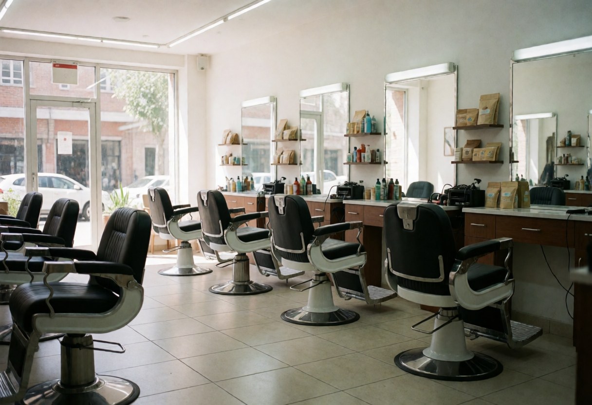 Modern barbershop with black chairs, mirrors, and shelves with products.