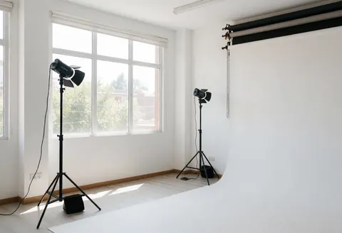 Professional photography studio with white backdrop and lighting equipment ready for photo shoots.