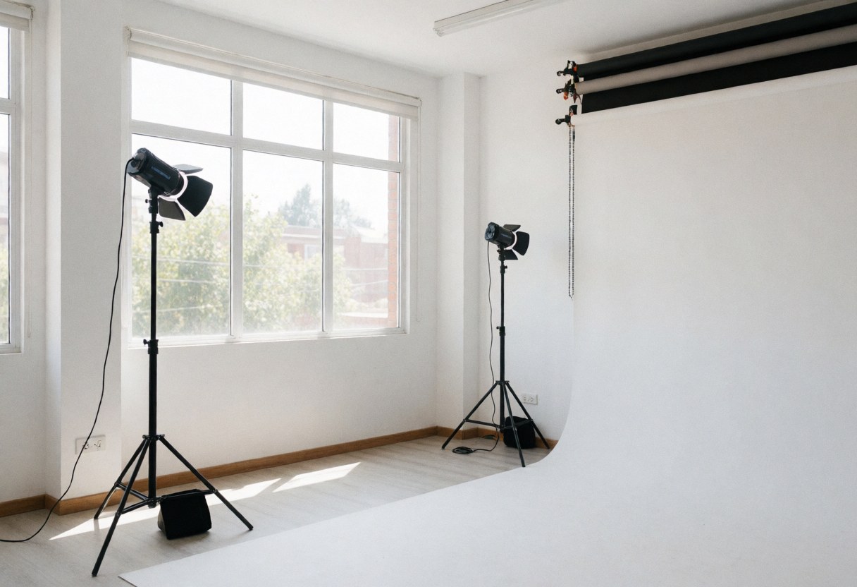 Professional photography studio with white backdrop and lighting equipment ready for photo shoots.