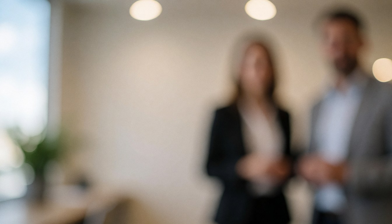 Two blurred business people in a modern office with bright lights and light walls.