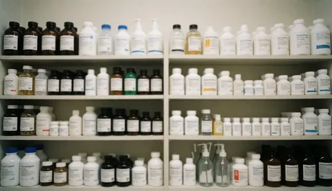 White shelves with bottles and jars of pharmaceutical products in a lab or pharmacy.