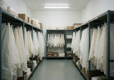 Warehouse with shelves full of white linens hanging and stacked in cardboard boxes.