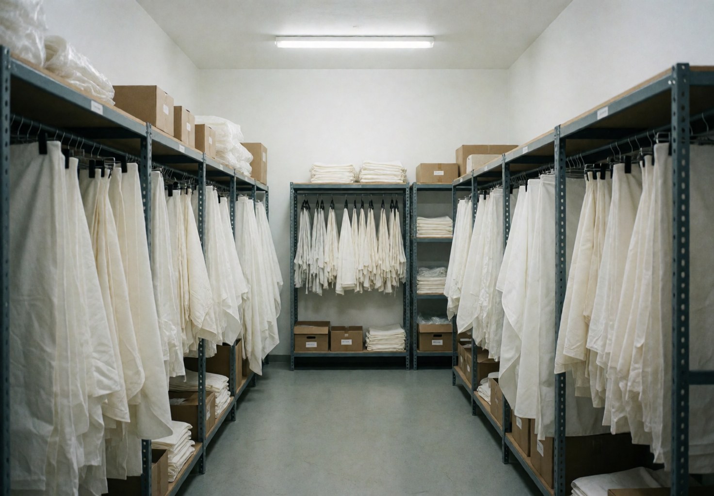 Warehouse with shelves full of white linens hanging and stacked in cardboard boxes.