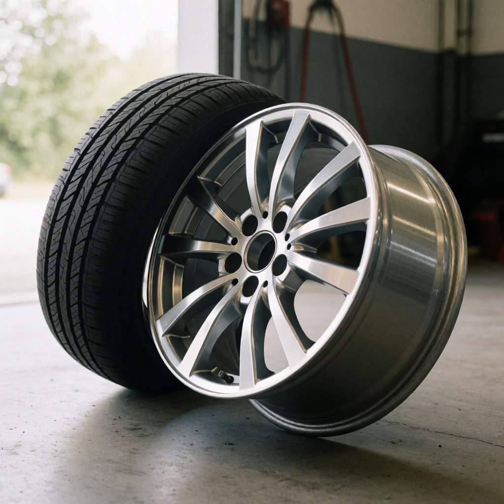 Close-up of a polished alloy wheel and fresh tire inside a mechanic workshop with natural lighting for auto repair services