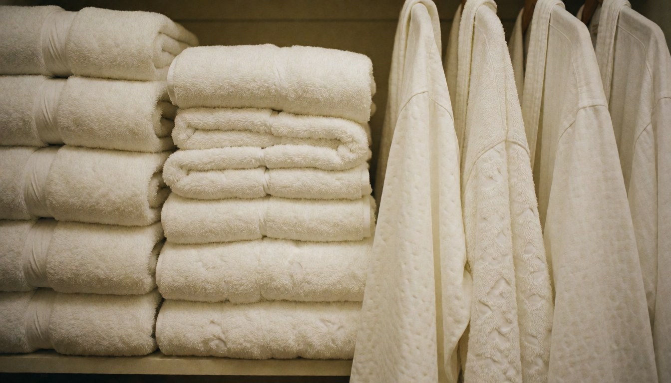 Neatly folded white towels and hanging white robes in a hotel or spa closet, ready for use.