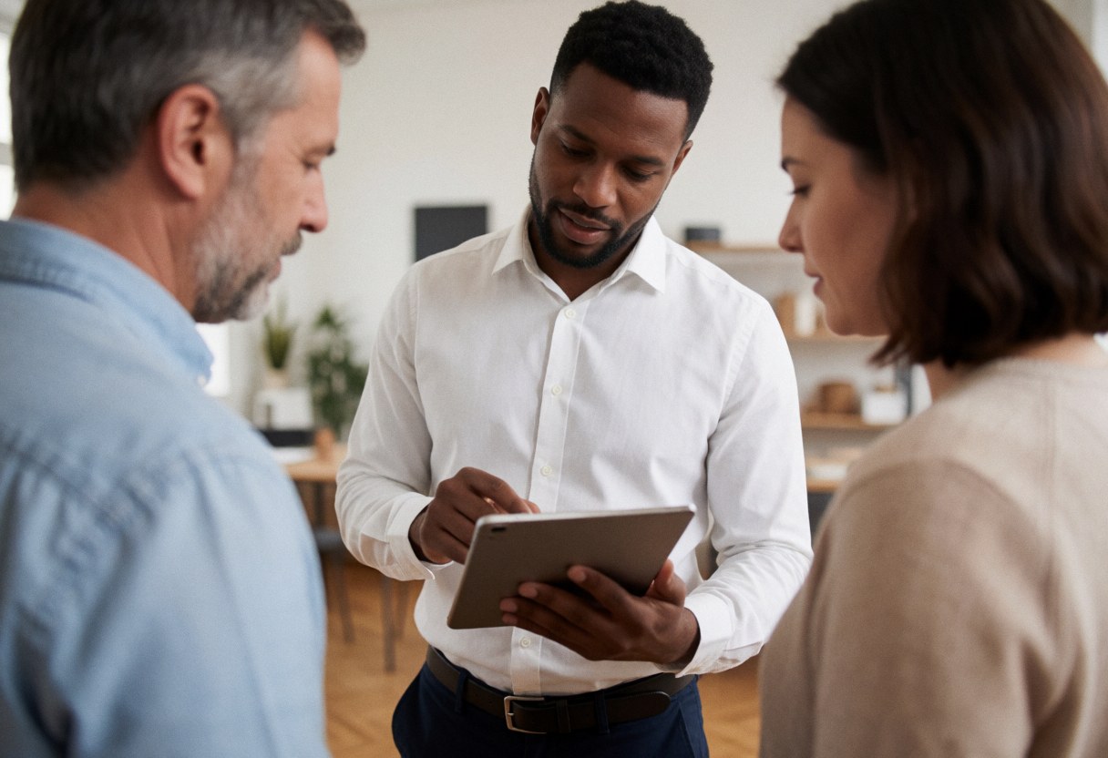 A man holding a tablet explains to two people in a modern studio with furniture and plants.
