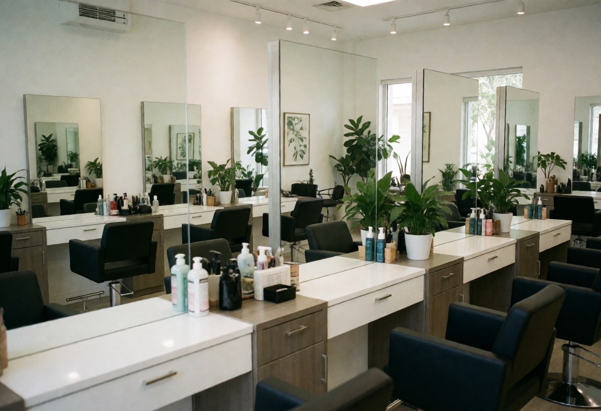 Interior of a modern beauty salon featuring styling stations, mirrors, plants, and black chairs in a clean well-lit space