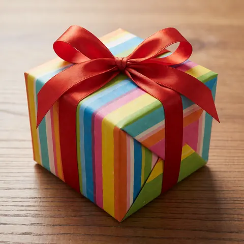 Colorful gift box wrapped with a red ribbon sitting on a light wooden table under bright lighting