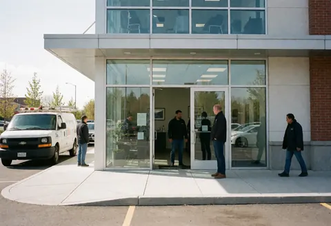 Modern plumbing business storefront featuring a parked service van and workers at the entrance, showcasing a clean and professional environment.