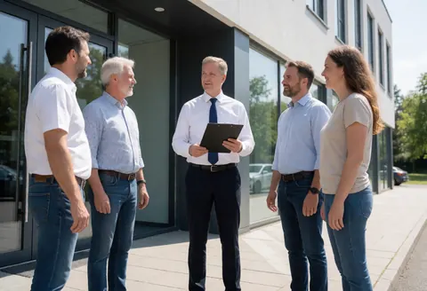 HR consultant with portfolio speaks with five clients outside a modern corporate building on a sunny day