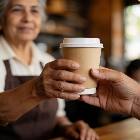An older woman hands a paper cup of coffee to a customer in a cozy cafe with a warm blurred background.