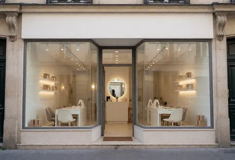 Exterior view of a contemporary nail salon featuring large glass windows, warm lighting, and clean modern furniture.