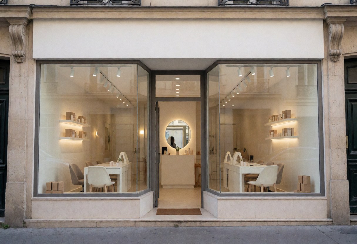 Exterior view of a contemporary nail salon featuring large glass windows, warm lighting, and clean modern furniture.