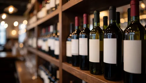 Wine bottles with blank labels on wooden shelves in a bar or restaurant.