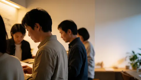 Group of adults focused working at desks in a warm-lit coworking space with plants.