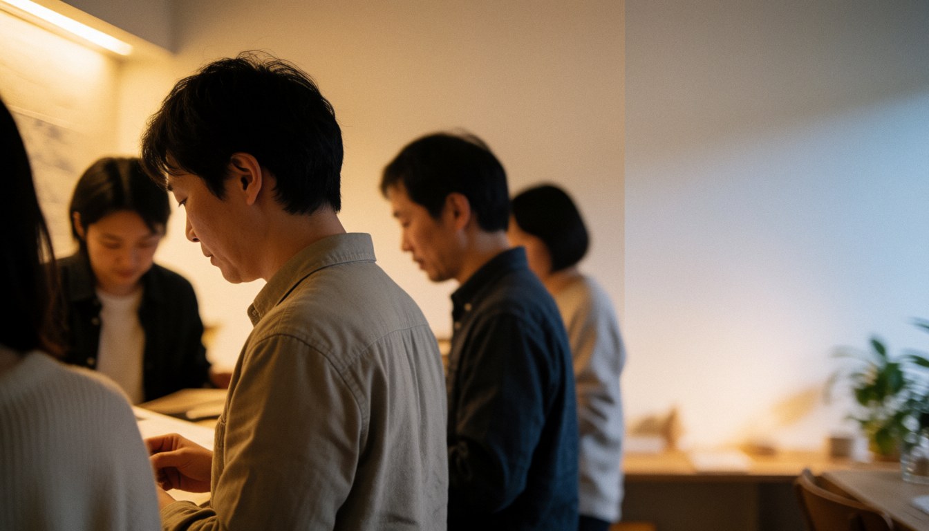 Diverse group of adults focused on tasks in a coworking space with warm lighting and copy space on the right