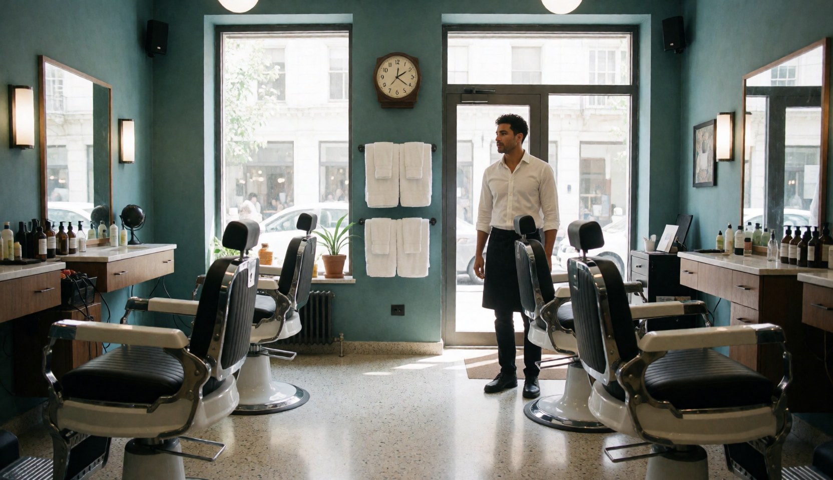 Barber standing in modern barbershop with chairs, mirrors and hair care products.