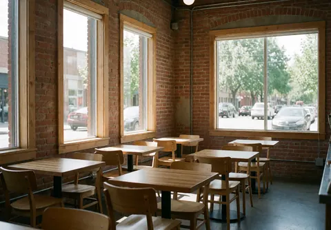 Coffee shop interior with brick walls, wooden tables and chairs, windows overlooking the street.