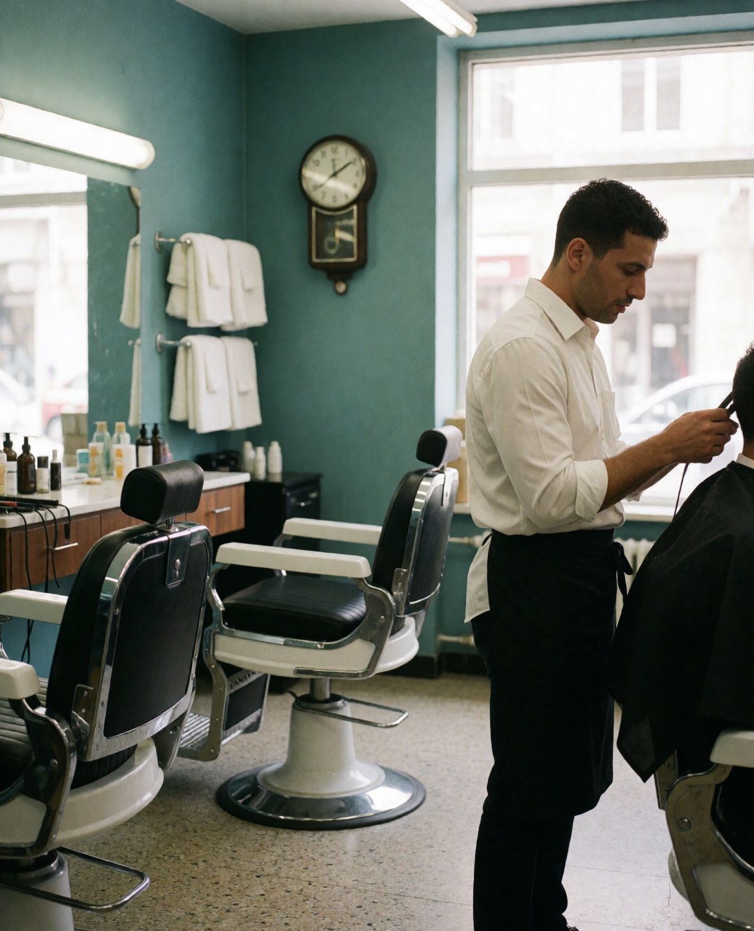 Barber in white shirt and black apron cutting client's hair with scissors in a barbershop with chairs and white towels.