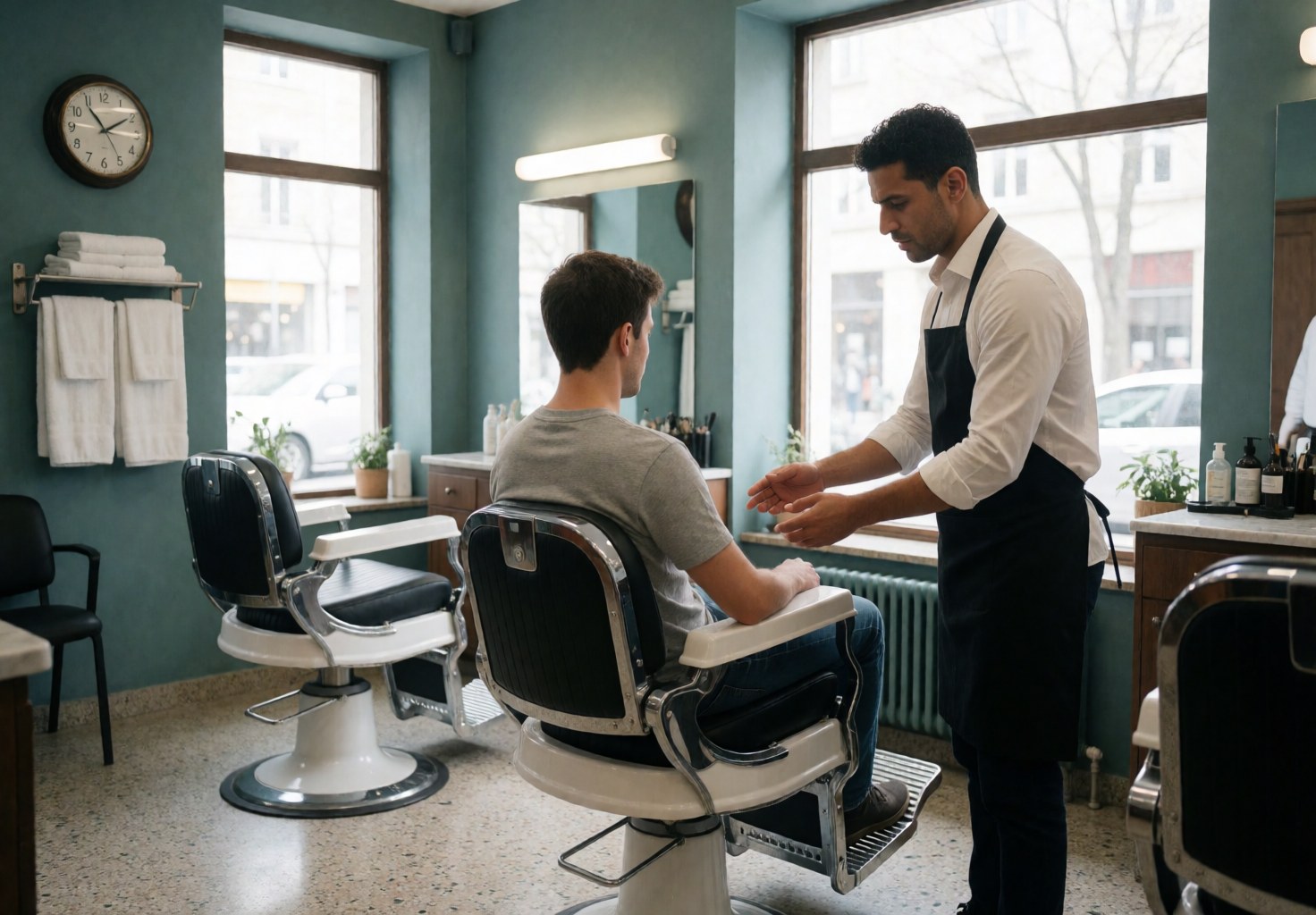 Barber in apron attends seated customer in barbershop chair, with windows and white towels on blue walls.