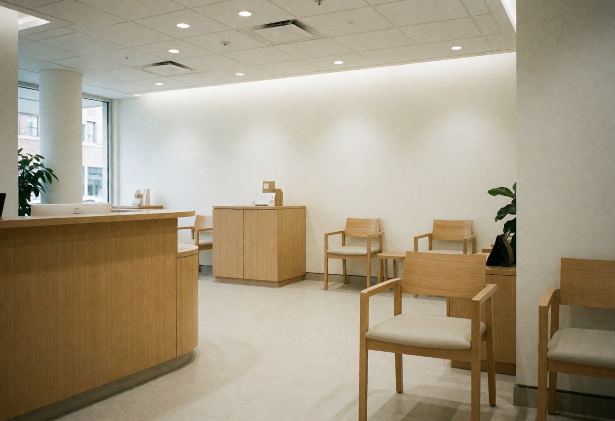 Modern reception with wooden desk and waiting chairs for clients.