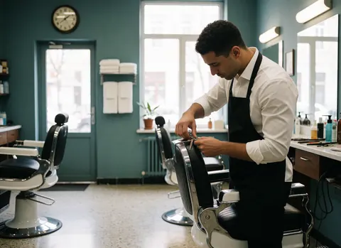 Barber with black apron adjusting scissors on a barber chair in a green-walled shop with empty chairs.