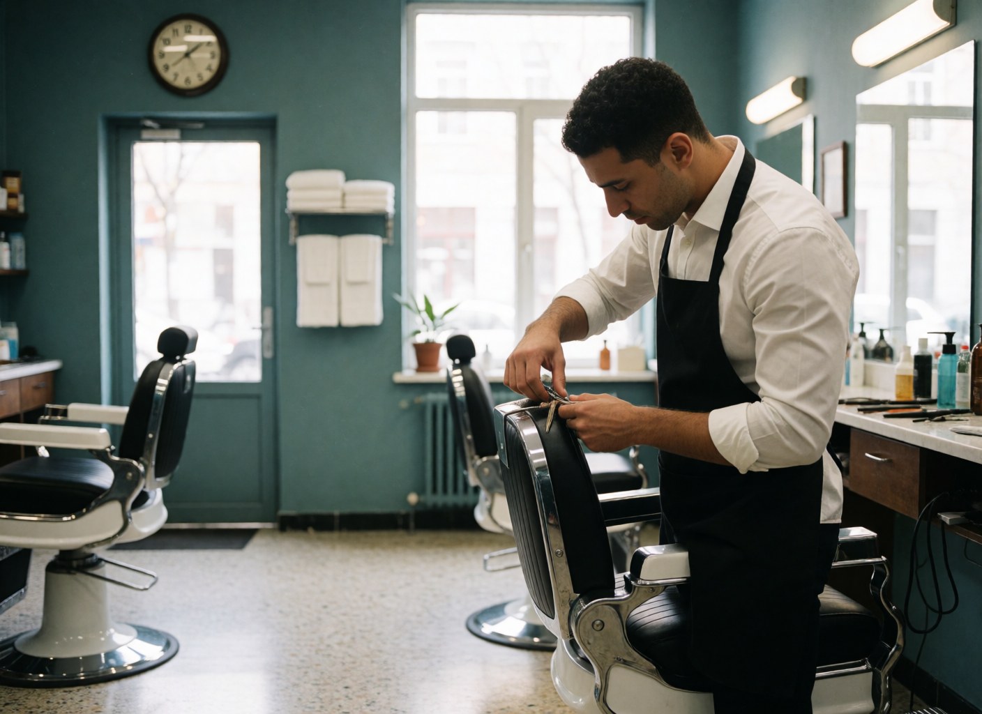 Barber with black apron adjusting scissors on a barber chair in a green-walled shop with empty chairs.
