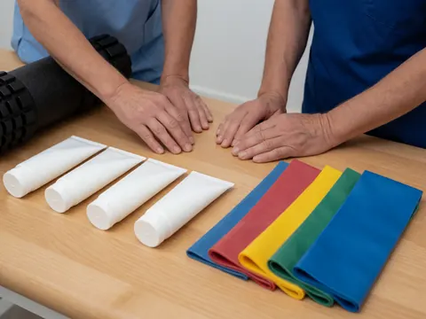 Therapists' hands with tubes and elastic bands on a wooden table.