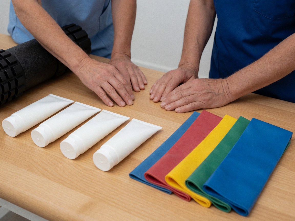 Therapists' hands with tubes and elastic bands on a wooden table.
