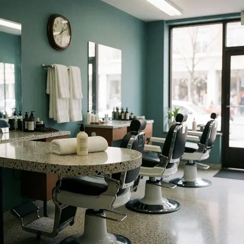 Interior of a modern barbershop with barber chairs, white towels, and workstations with products.