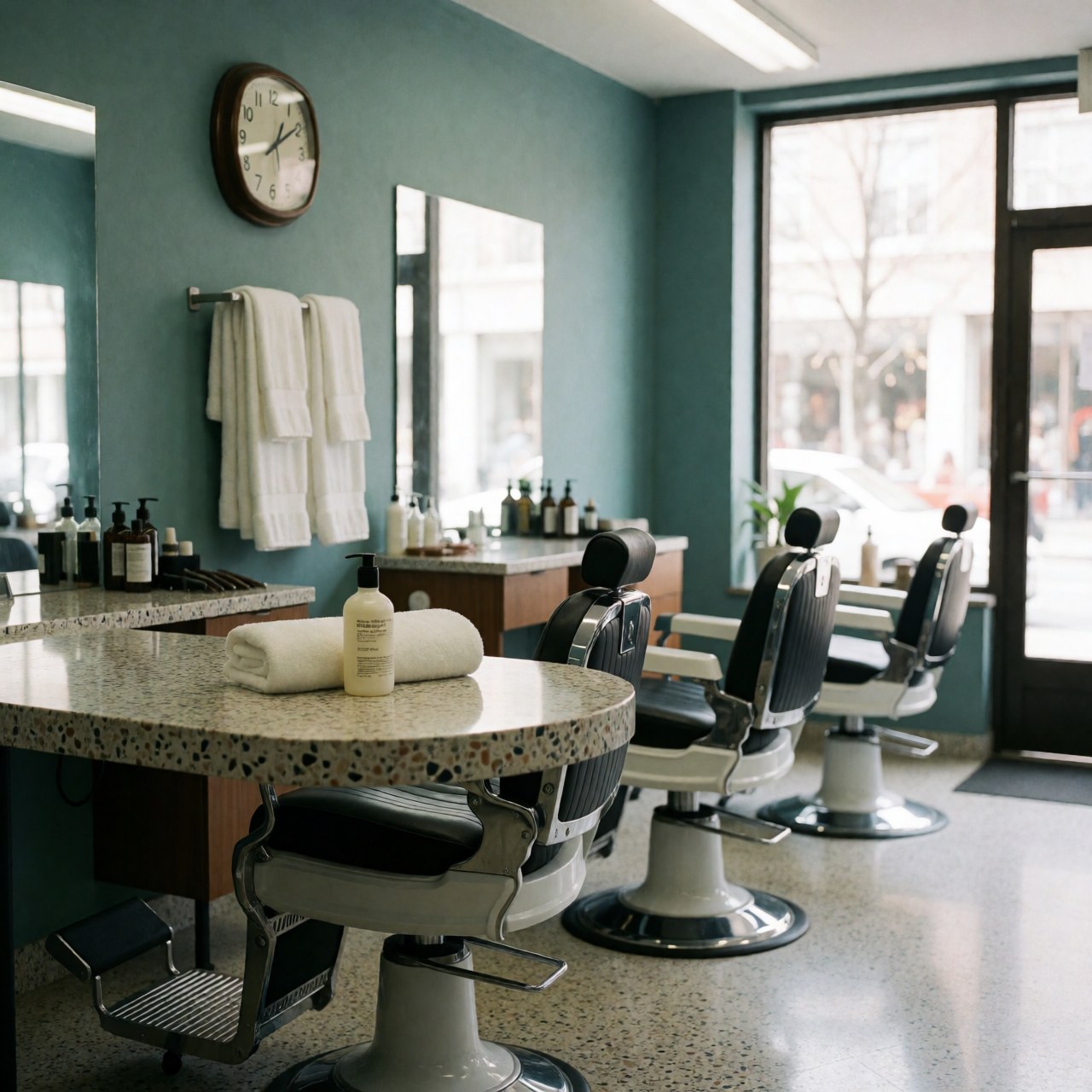 Interior of a modern barbershop with barber chairs, white towels, and workstations with products.