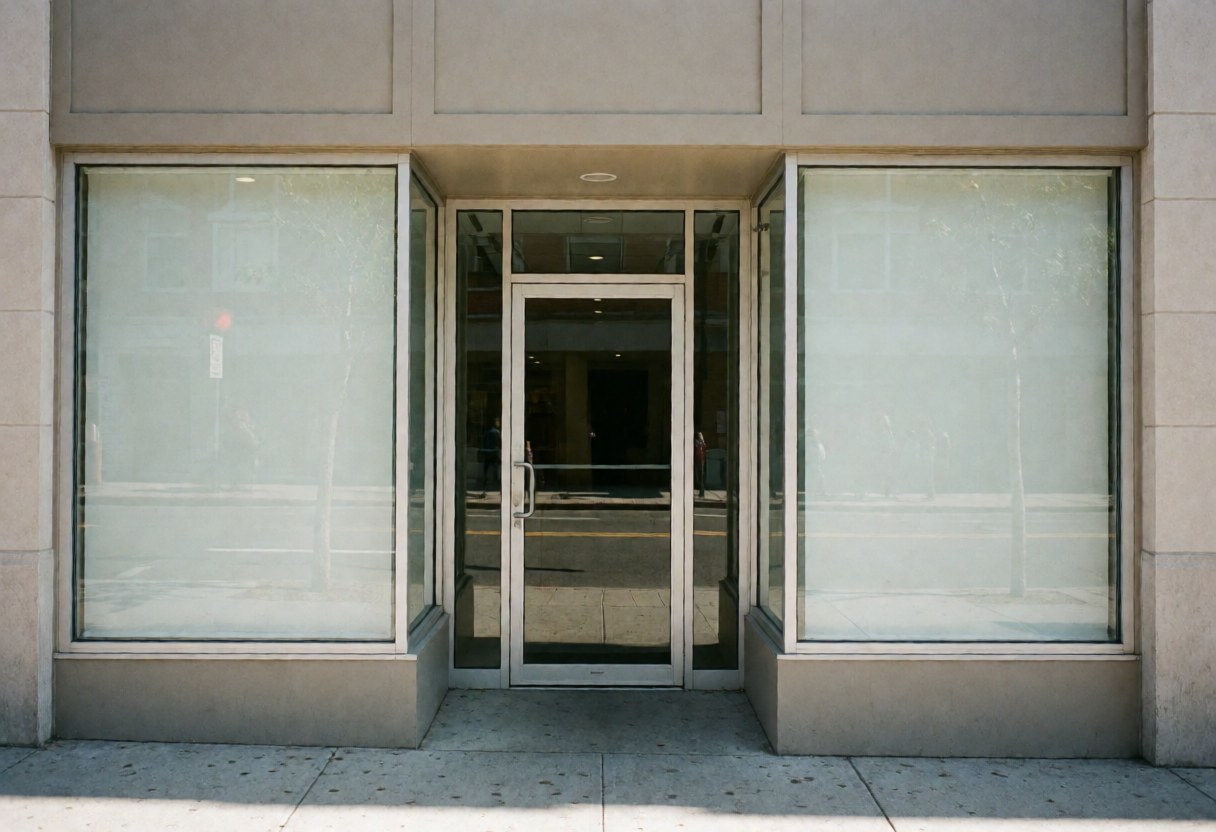 Storefront with glass door and large windows, showing entrance and street reflections.