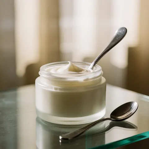 A jar of white cream with a metal spoon inside, on a glass table.