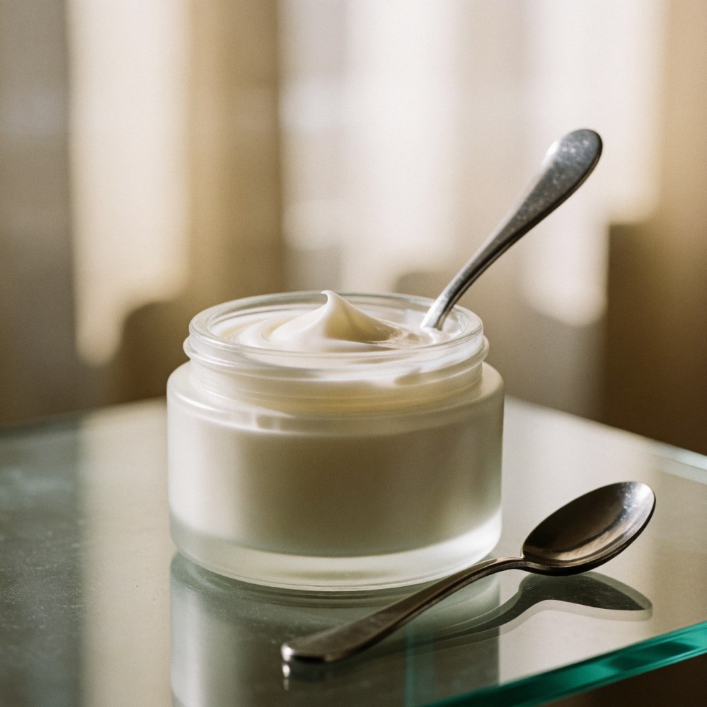 A jar of white cream with a metal spoon inside, on a glass table.