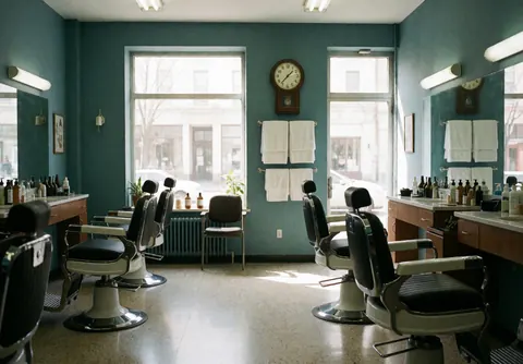 Clean barbershop interior featuring teal walls, barber chairs, windows with natural light, and hanging white towels