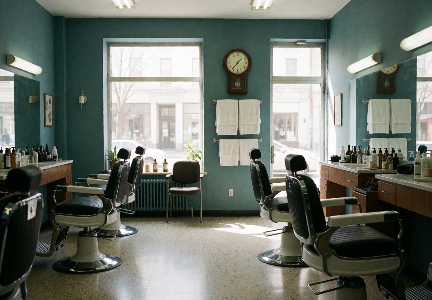 Clean barbershop interior featuring teal walls, barber chairs, windows with natural light, and hanging white towels