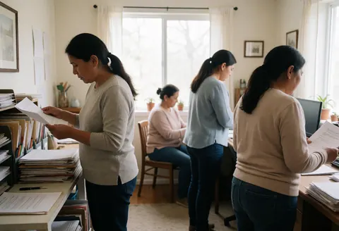 Four women working in an office with documents, computers, and folders, illuminated by natural light from windows.