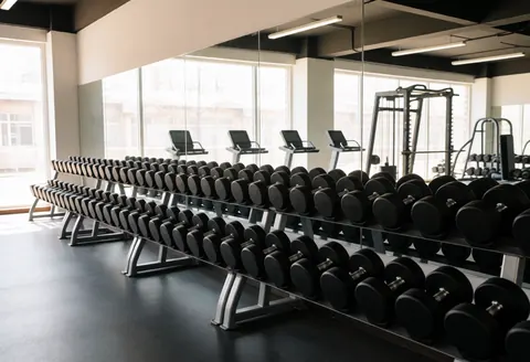 Empty modern gym interior featuring rows of neatly arranged dumbbells, large windows, and mirrors for a clean fitness space
